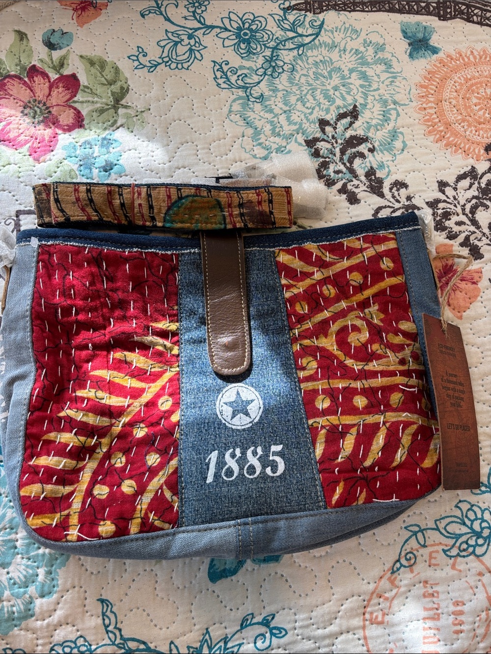 Denim Shoulder Tote with Red Printed Panels and 1885 Detail